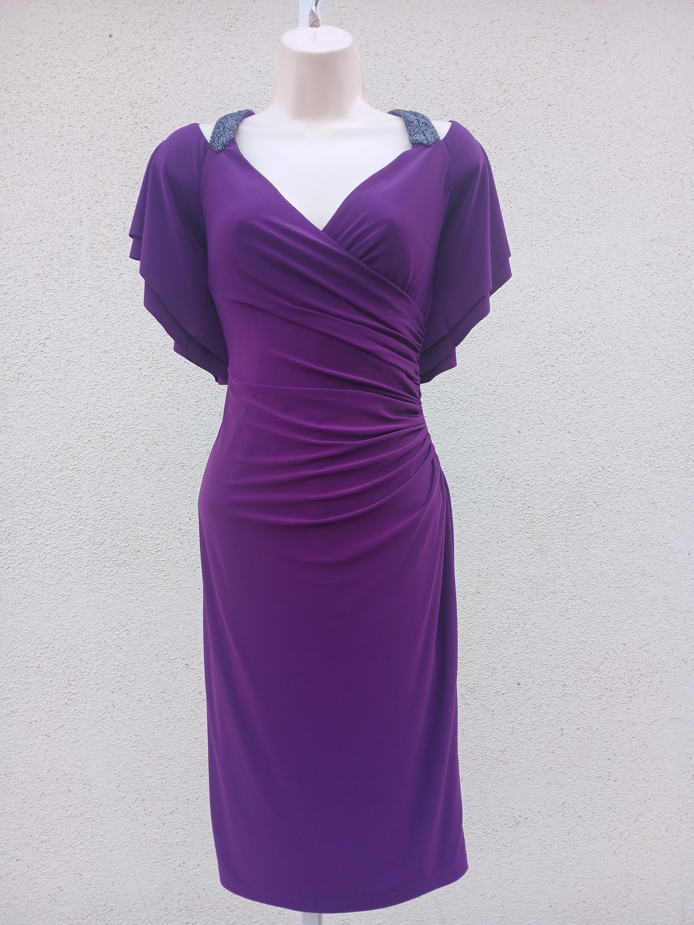Lauren Ralph Lauren Purple Ruched Sheath Dress Beaded Shoulders Flutter Sleeves